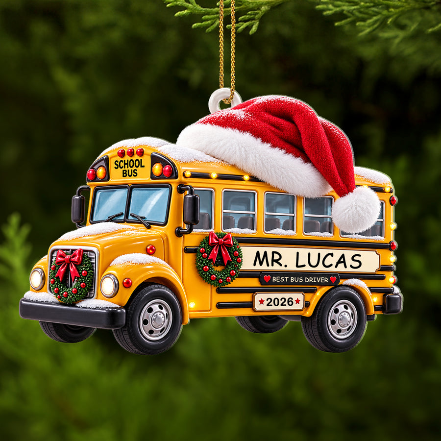 Festive School Bus With Santa Hat - Custom Acrylic Ornament - CAO_XMAS4 1