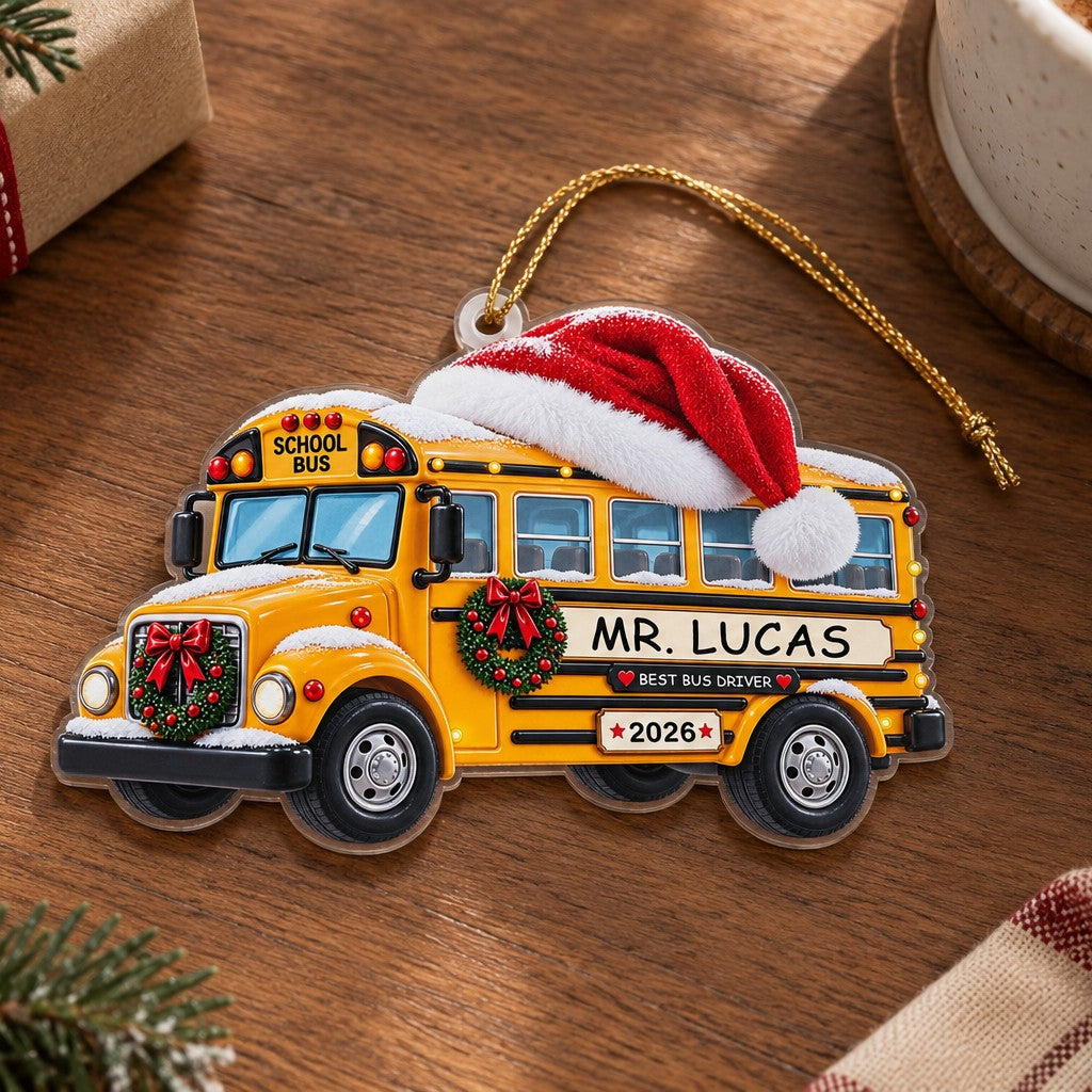 Festive School Bus With Santa Hat - Custom Acrylic Ornament - CAO_XMAS4 5