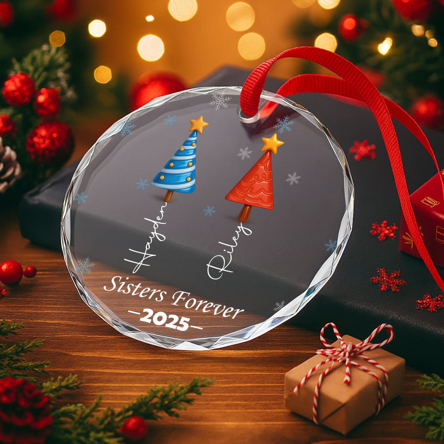 Sisters Tree of Love – Custom Personalized Glass Ornament - INK_24