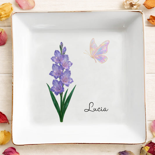 Custom Birth Flower With Name - Personalized Jewelry Dish - INK_0100