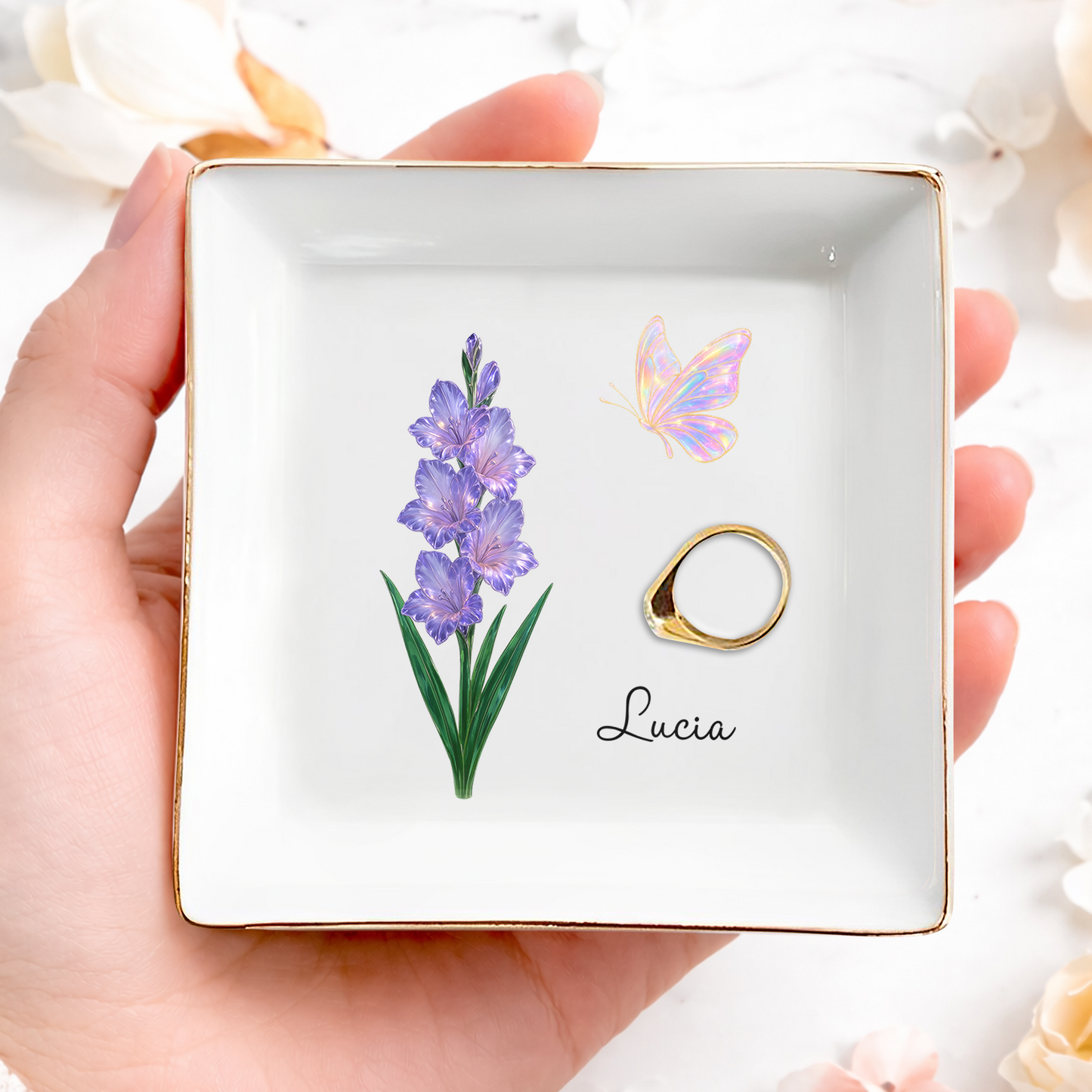 Custom Birth Flower With Name - Personalized Jewelry Dish - INK_0100