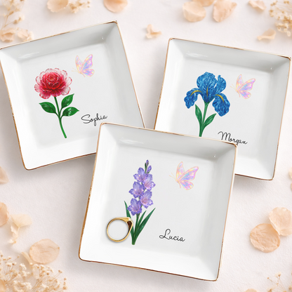 Custom Birth Flower With Name - Personalized Jewelry Dish - INK_0100