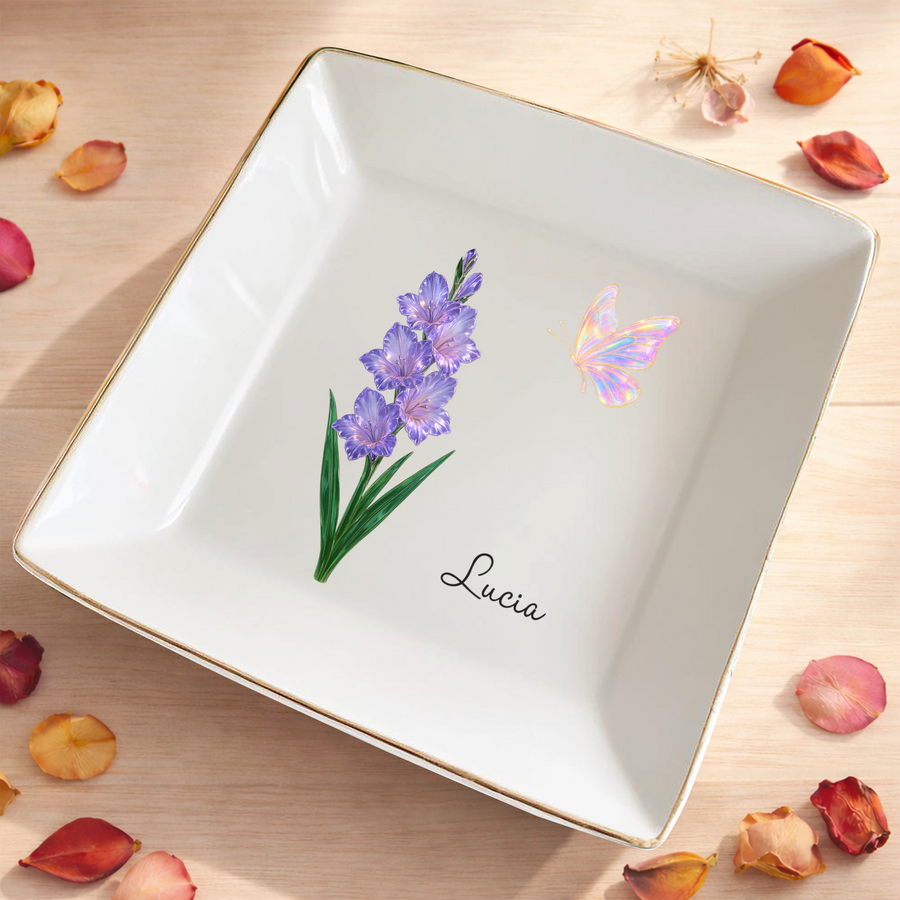 Custom Birth Flower With Name - Personalized Jewelry Dish - INK_0100