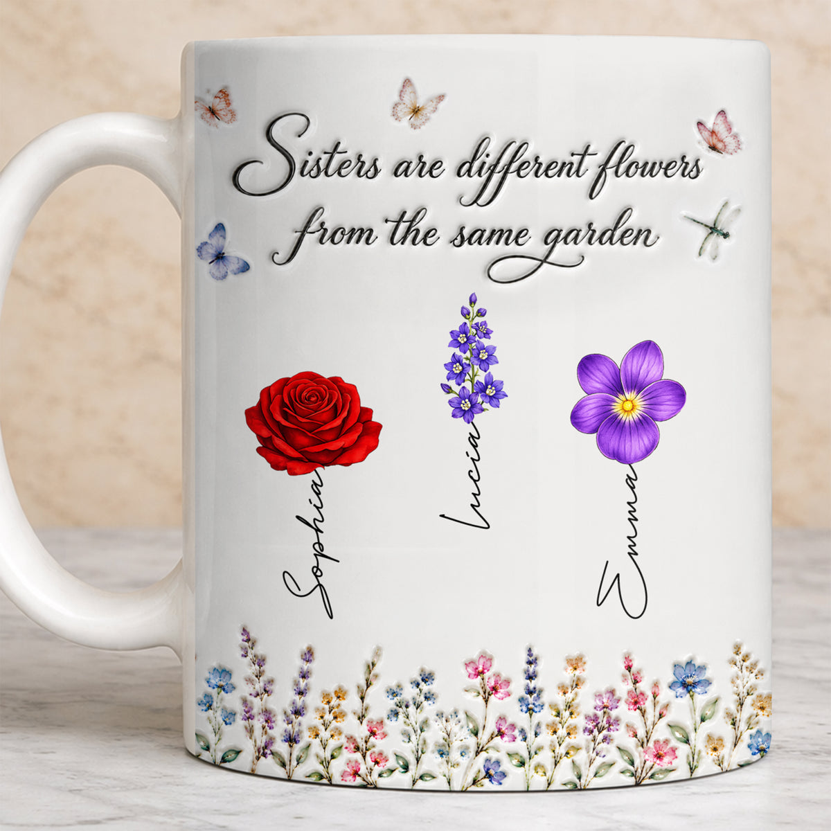 Sisters Different Flowers Garden Bond - Personalized White Mug - MUG_BTE1 1