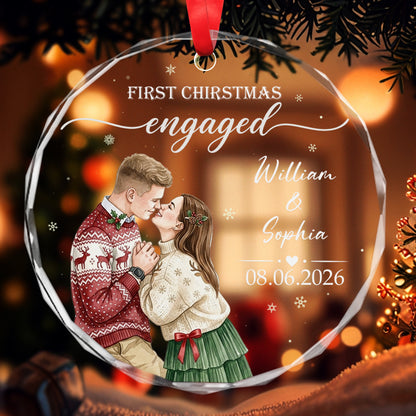 First Christmas Engaged Couple Illustration - Personalized Round Glass Ornament - RGO_COU1 1