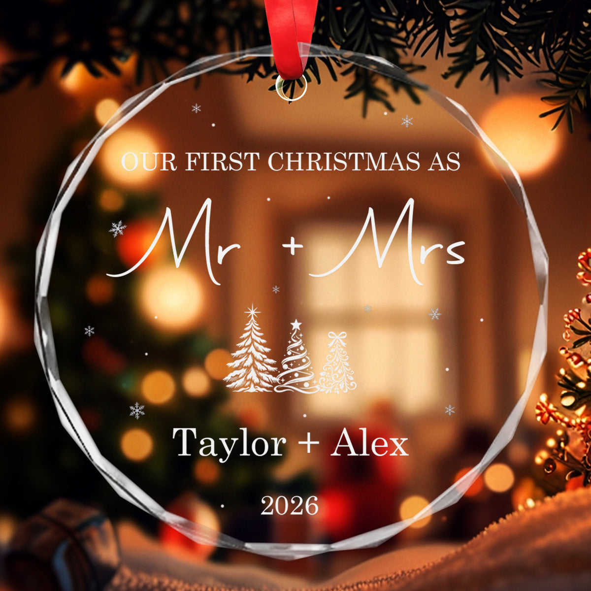 Our First Married Christmas - Personalized Round Glass Ornament - RGO_COU3 2