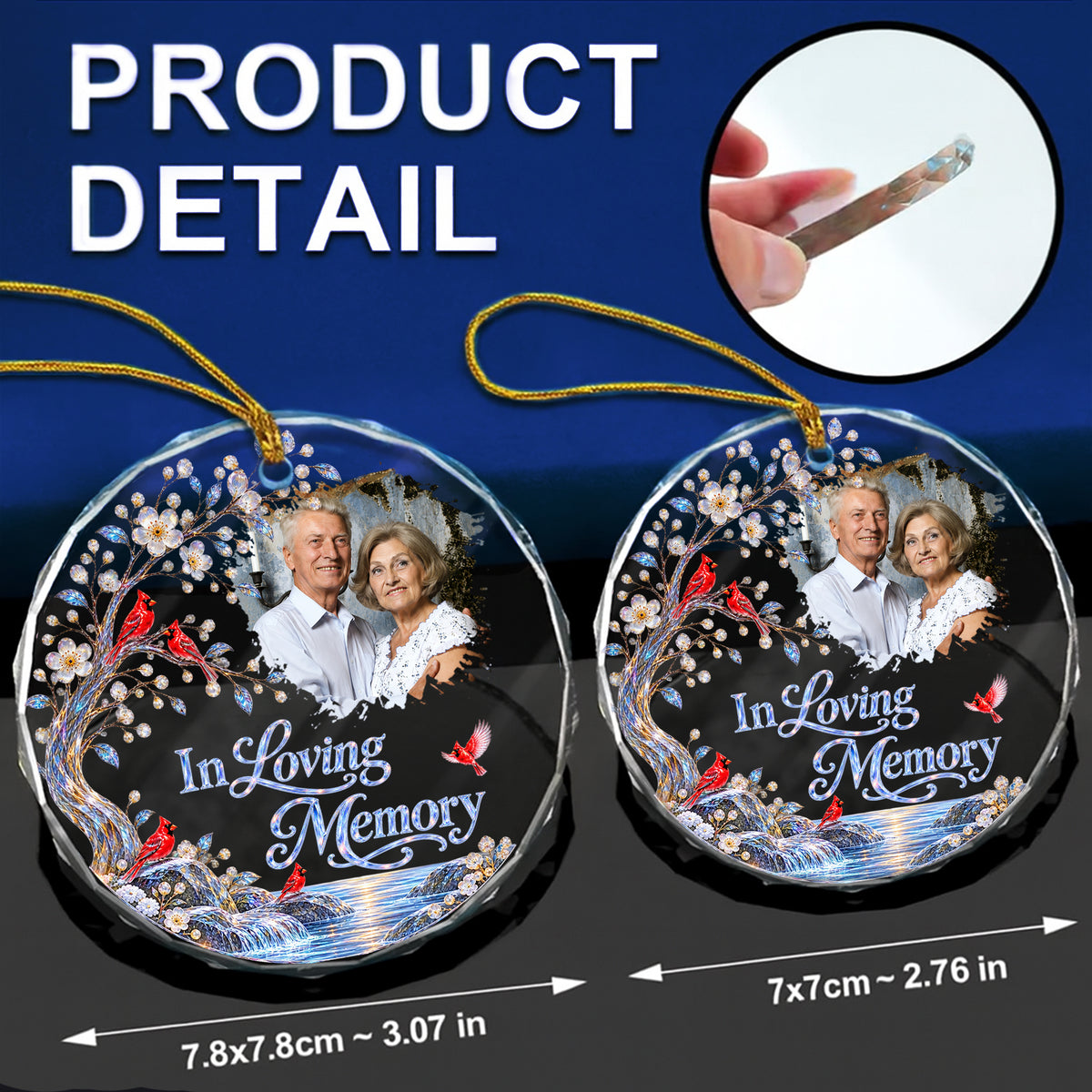 Cardinals On A Cherry Blossom Tree - Personalized Round Glass Ornament - RGO_MEM4 6