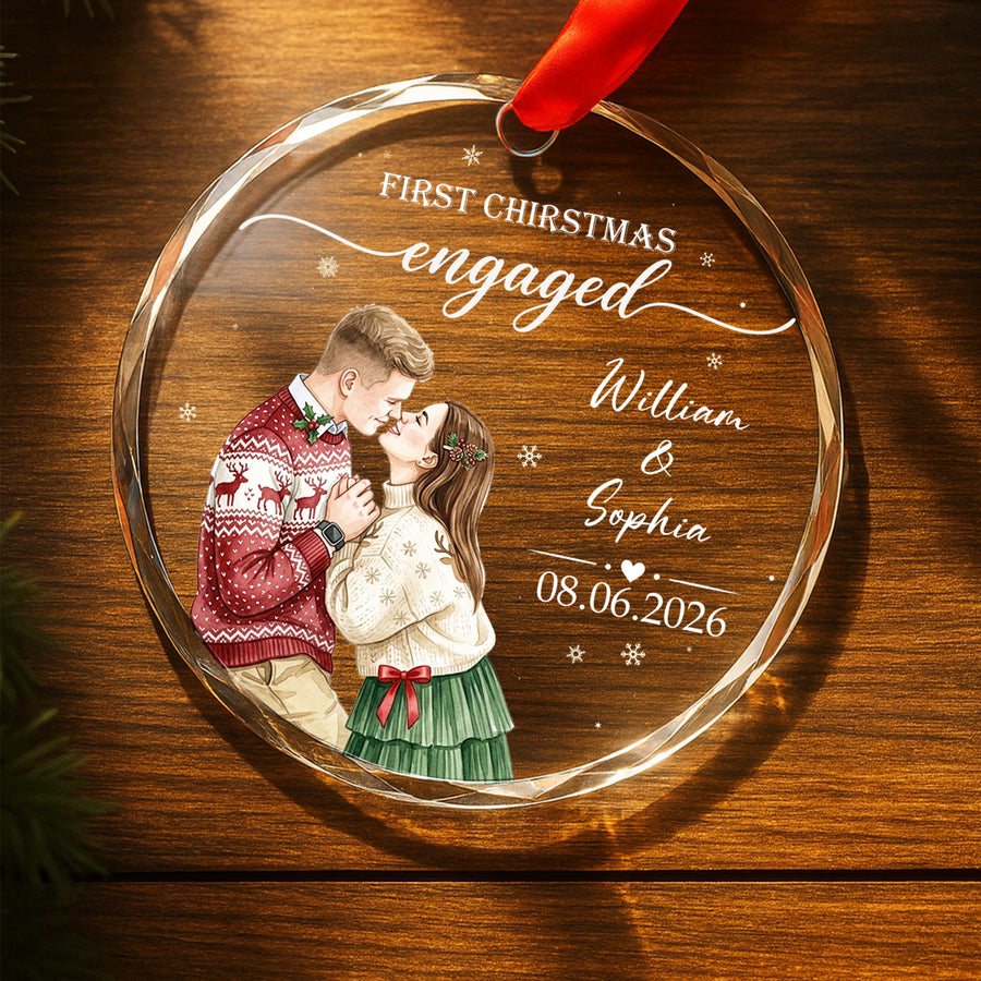 First Christmas Engaged Couple Illustration - Personalized Round Glass Ornament - RGO_COU1 2