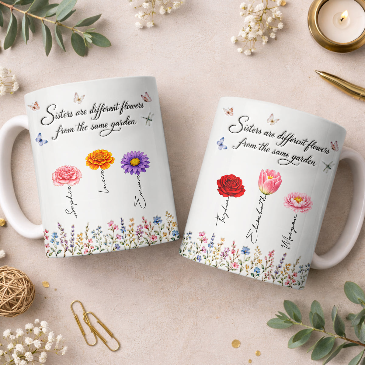 Sisters Different Flowers Garden Bond - Personalized White Mug - MUG_BTE1 8