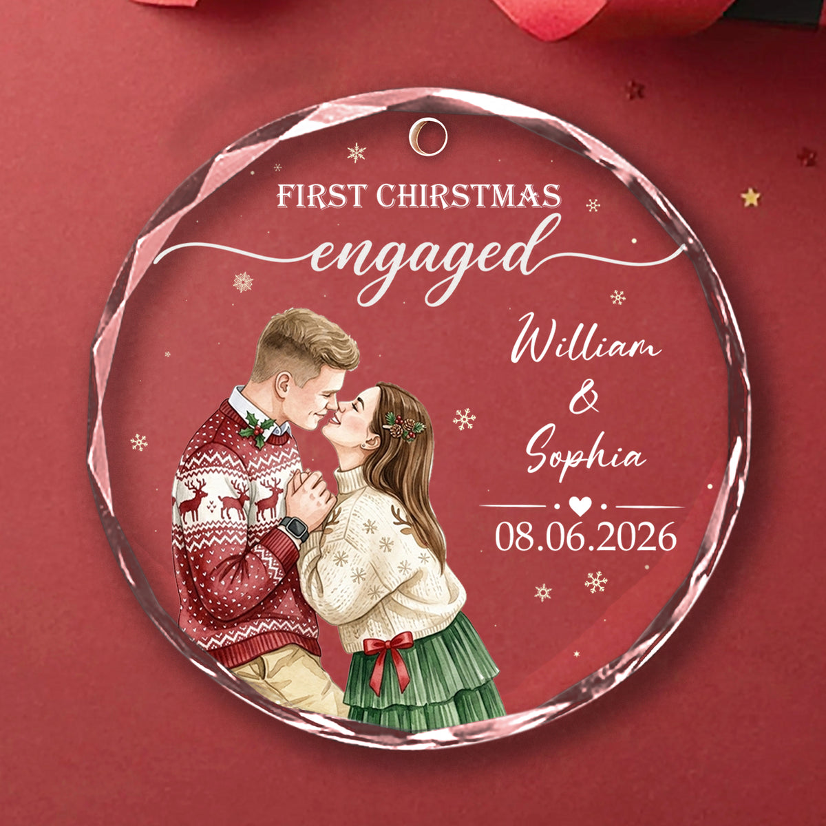 First Christmas Engaged Couple Illustration - Personalized Round Glass Ornament - RGO_COU1 4