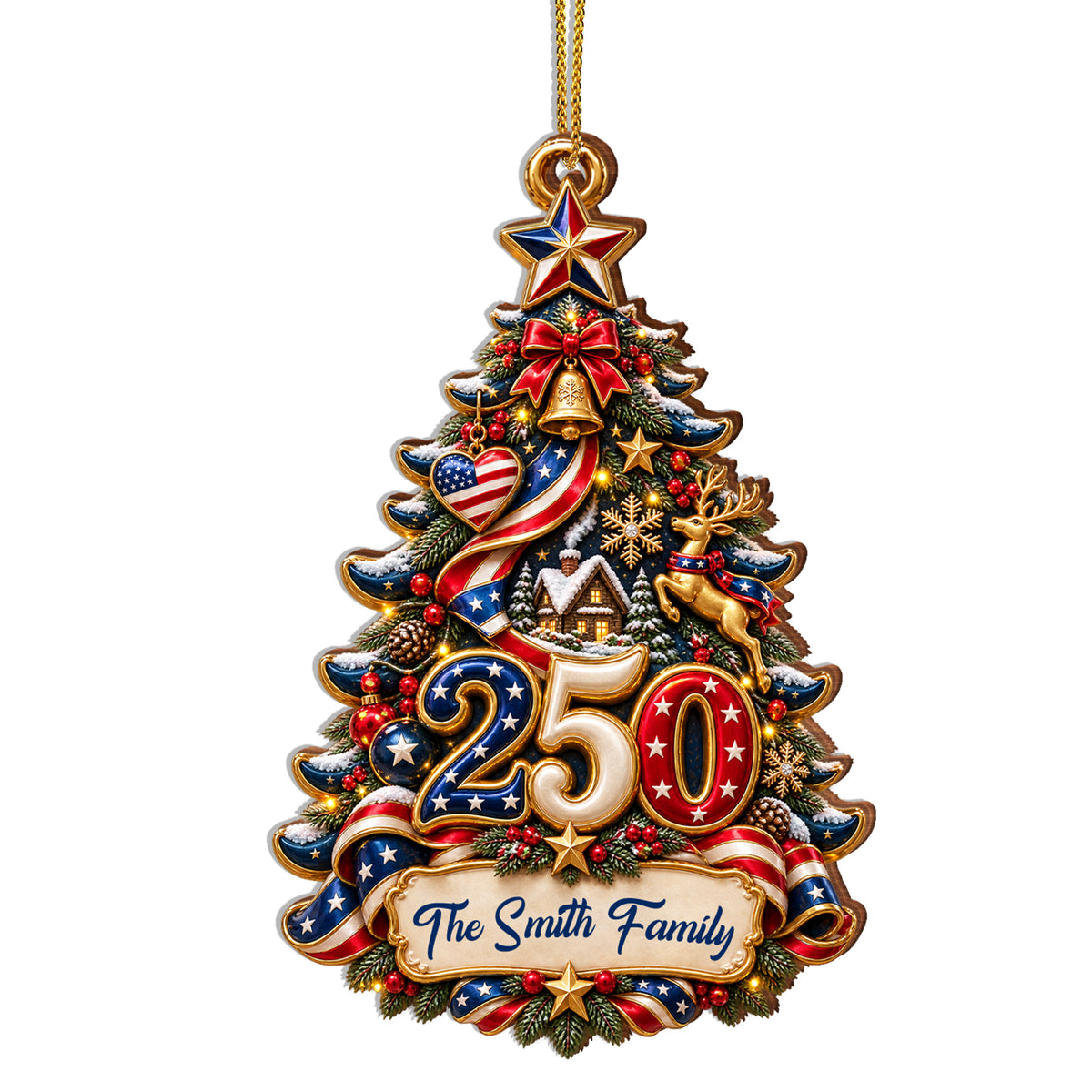Festive Christmas Tree With American Patriotism - Custom shape Wood Ornament - CWO_XMAS1 1