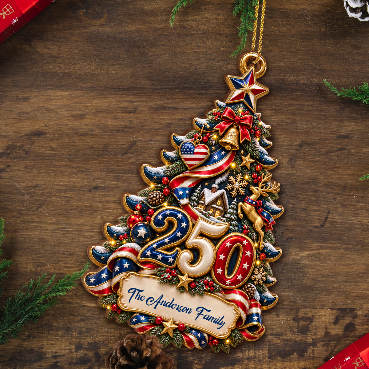 Festive Christmas Tree With American Patriotism - Custom shape Wood Ornament - CWO_XMAS1 5