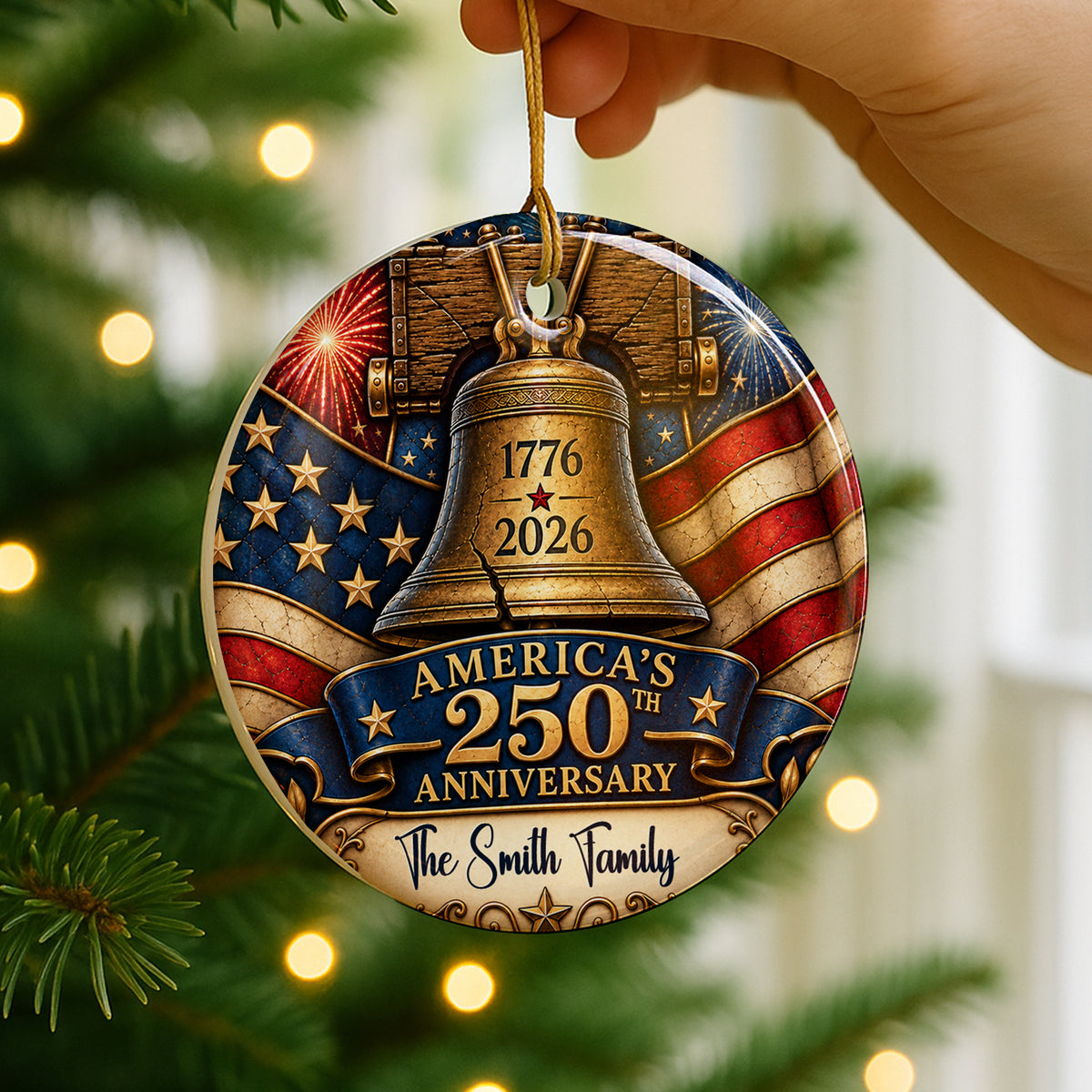 Celebrating 250 Years of America - Personalized Round Ceramic Ornament - RCO_XMAS3 5