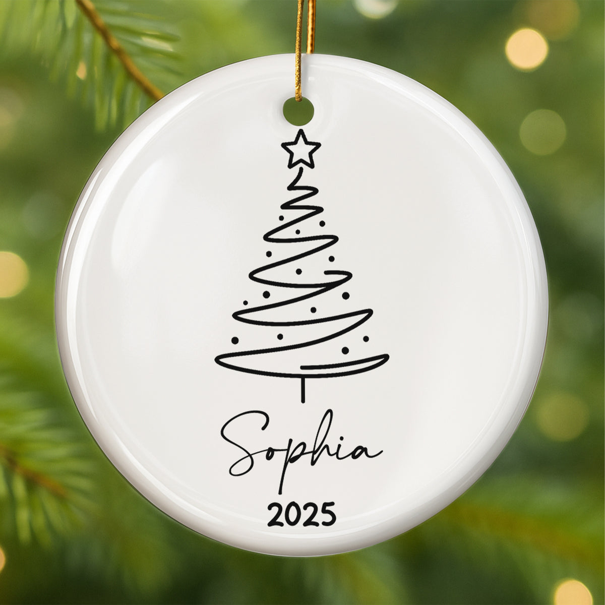 Minimal Christmas Tree With Name - Personalized Round Ceramic Ornament - RCO_XMAS2 1