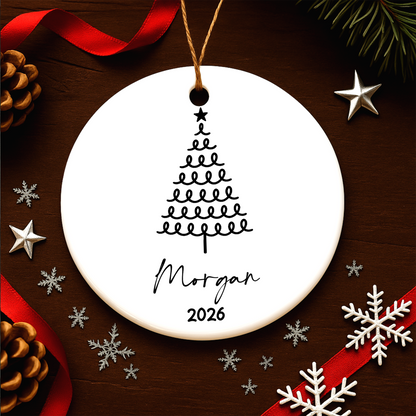 Minimal Christmas Tree With Name - Personalized Round Ceramic Ornament - RCO_XMAS2 3