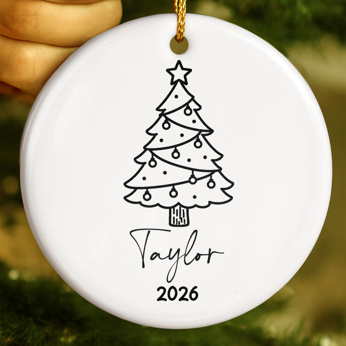 Minimal Christmas Tree With Name - Personalized Round Ceramic Ornament - RCO_XMAS2 4